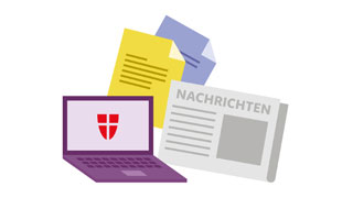 Illustration zeigt Symbole fr Laptop, Zeitung und Dokumente